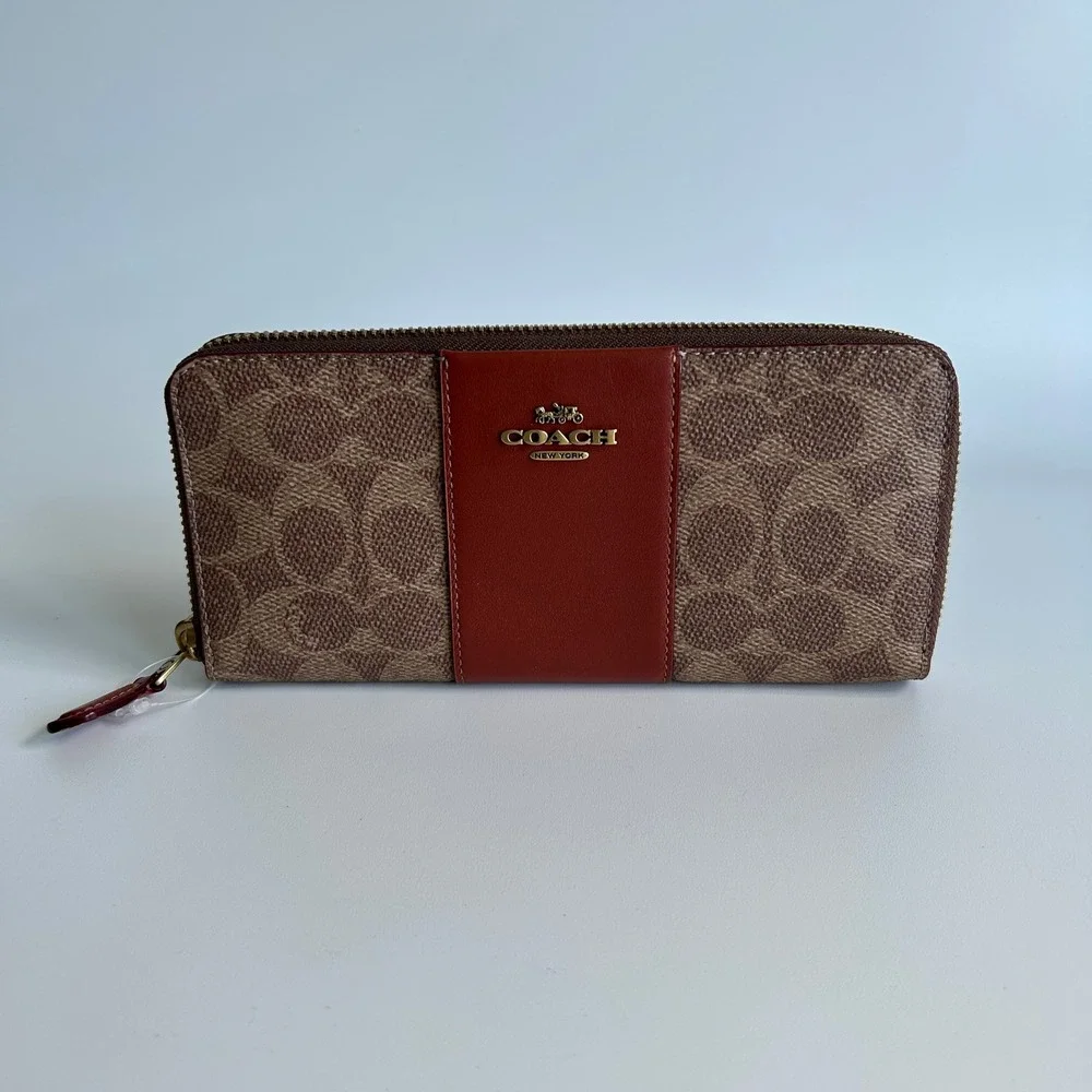 Coach Accordion Zip Brown Signature Canvas Red Leather Wallet Excellent